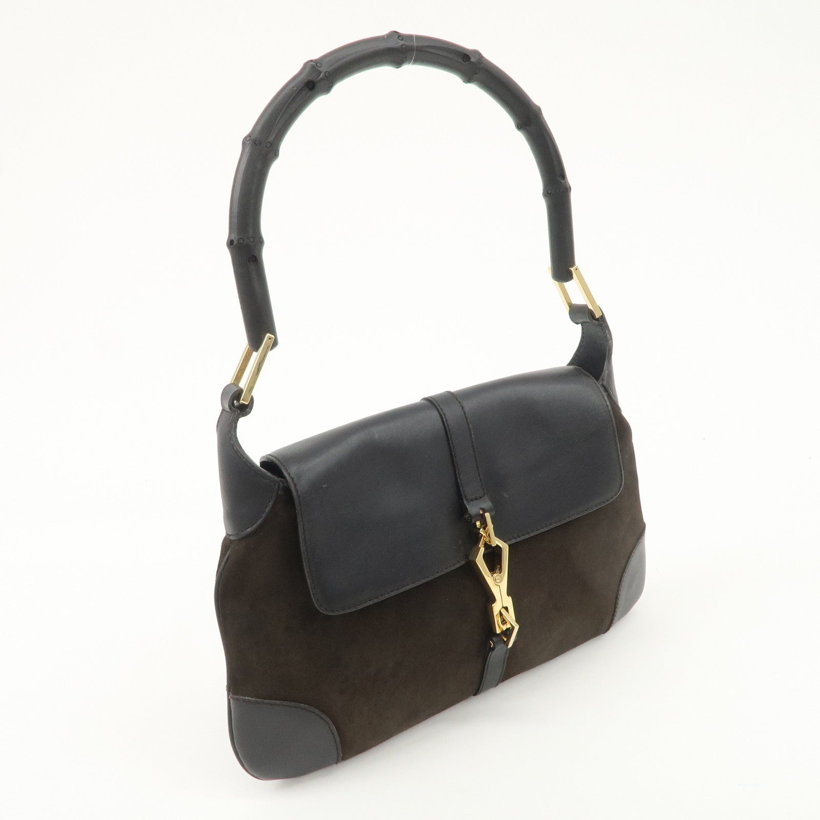 GUCCI Bamboo Leather Shoulder Bag Black Gold HDW 001.4096 Used