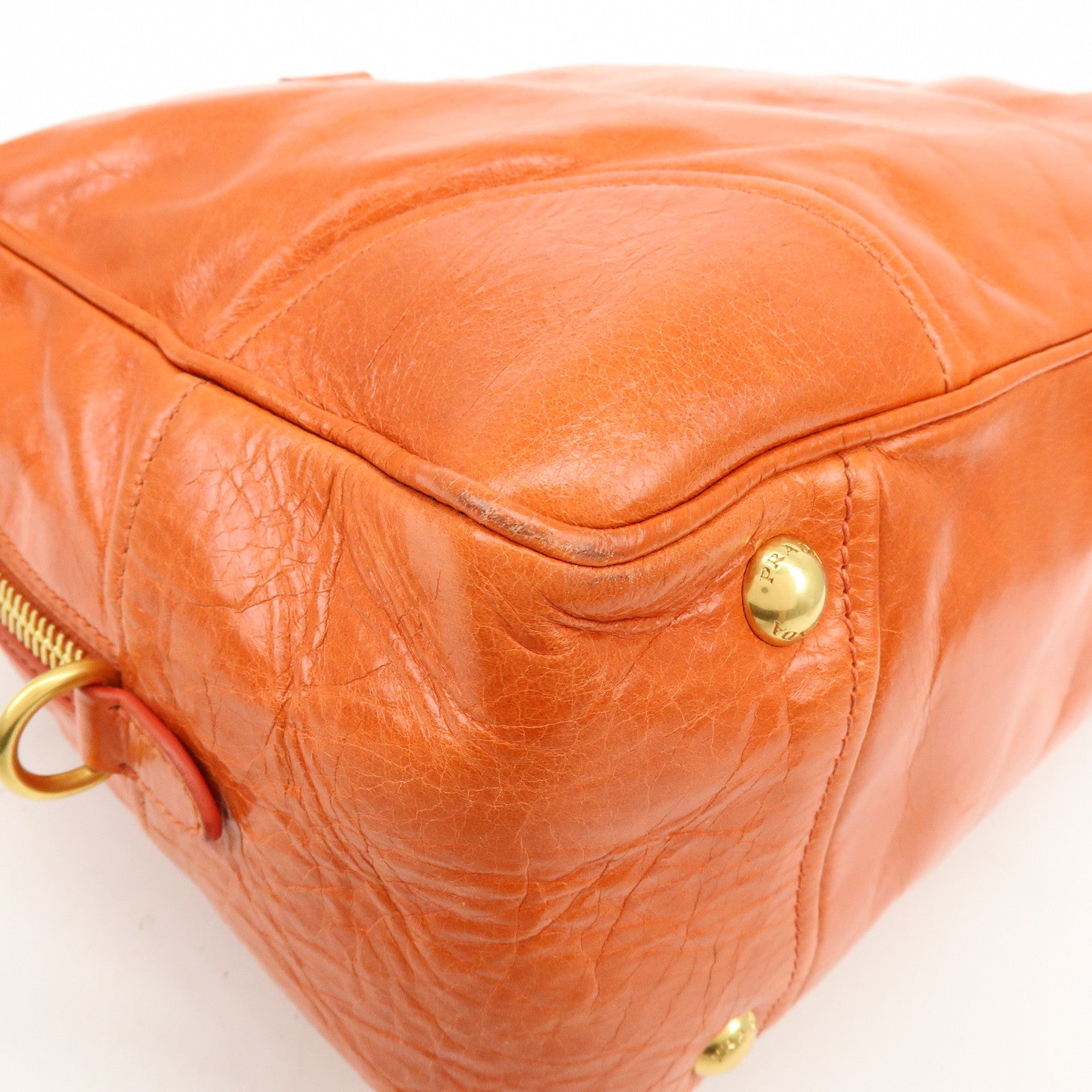 PRADA Logo Leather Boston Bag Hand Bag Shoulder Bag Orange BL0821