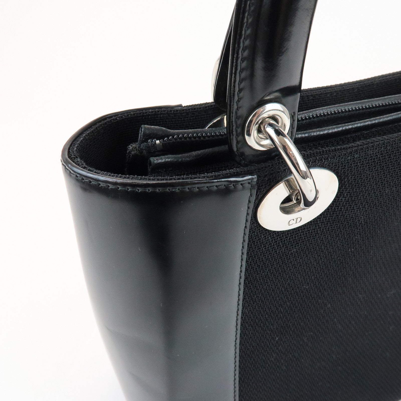 Christian Dior Lady Dior Canvas Patent Leather Hand Bag Black