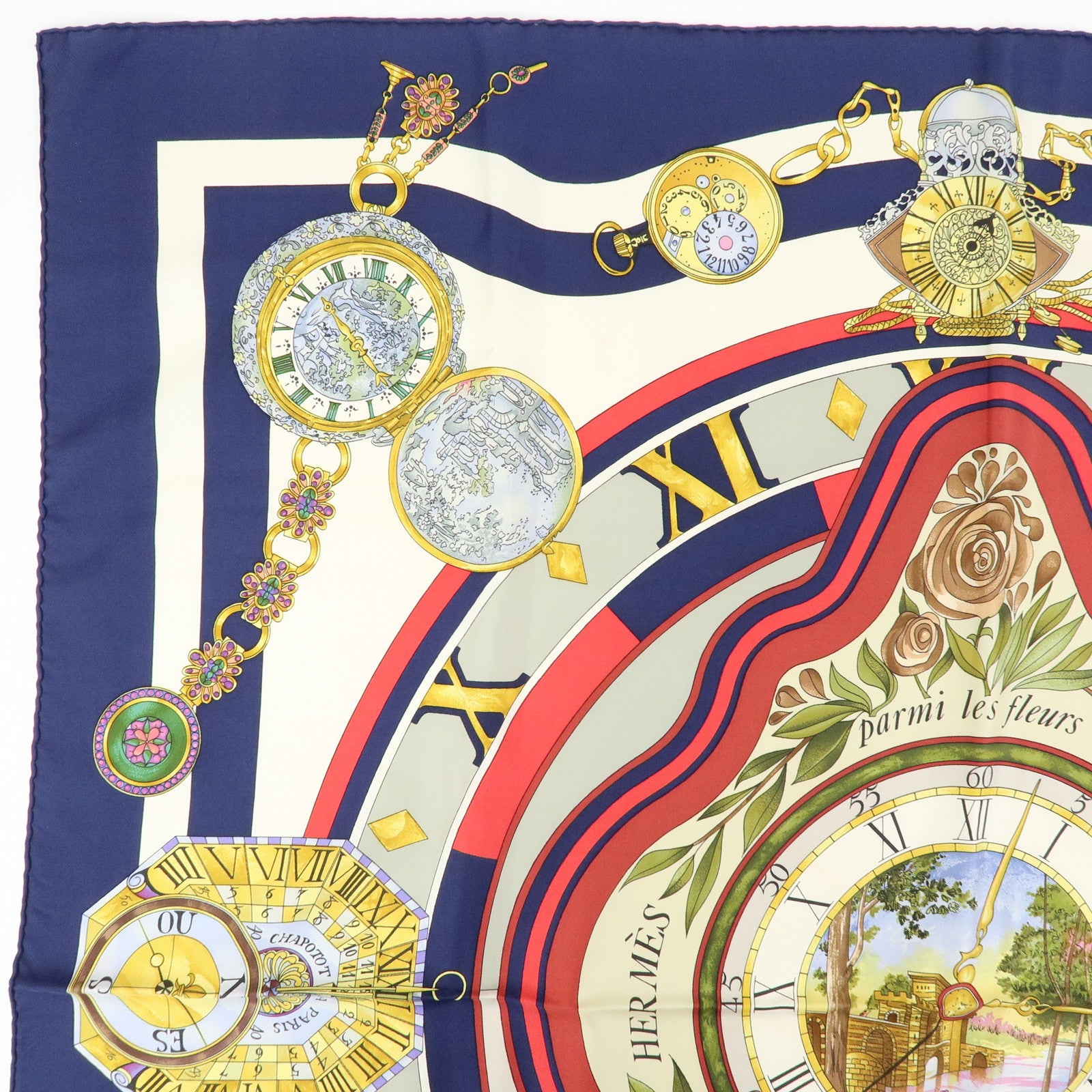 HERMES Carre90 Silk100% Scarf Parmi Les Fleurs Je Compte Les Heures