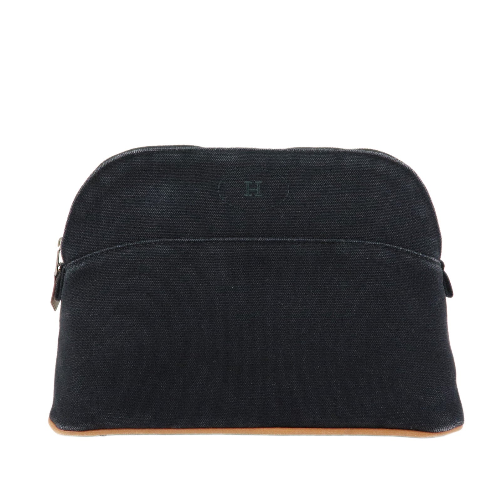 HERMES Bolide MM Cotton Leather Cosmetic Pouch Black Beige