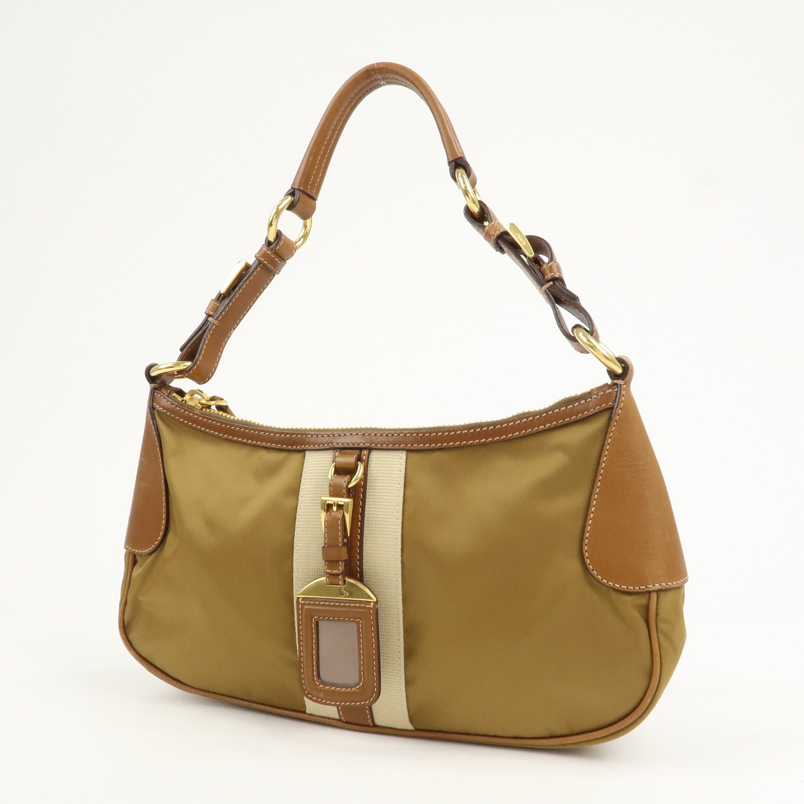 PRADA Triangle Logo Nylon Leather Shoulder Bag Brown BR3043