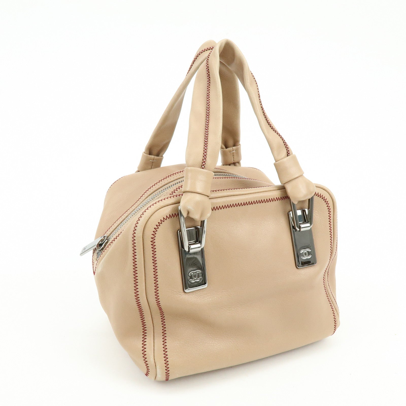 CHANEL COCO Mark Lamb Skin Hand Bag Pink Beige