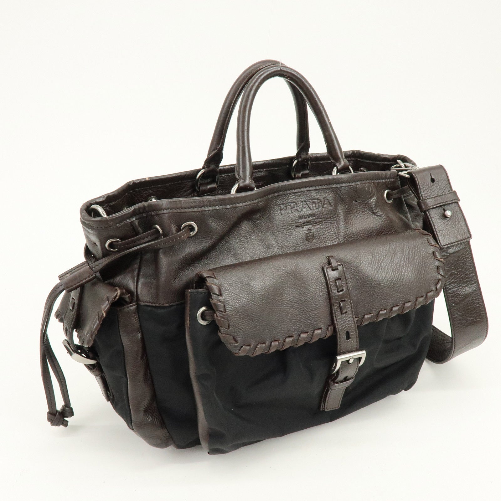 PRADA Nylon Leather 2Way Bag Hand Bag Shoulder Bag Brown