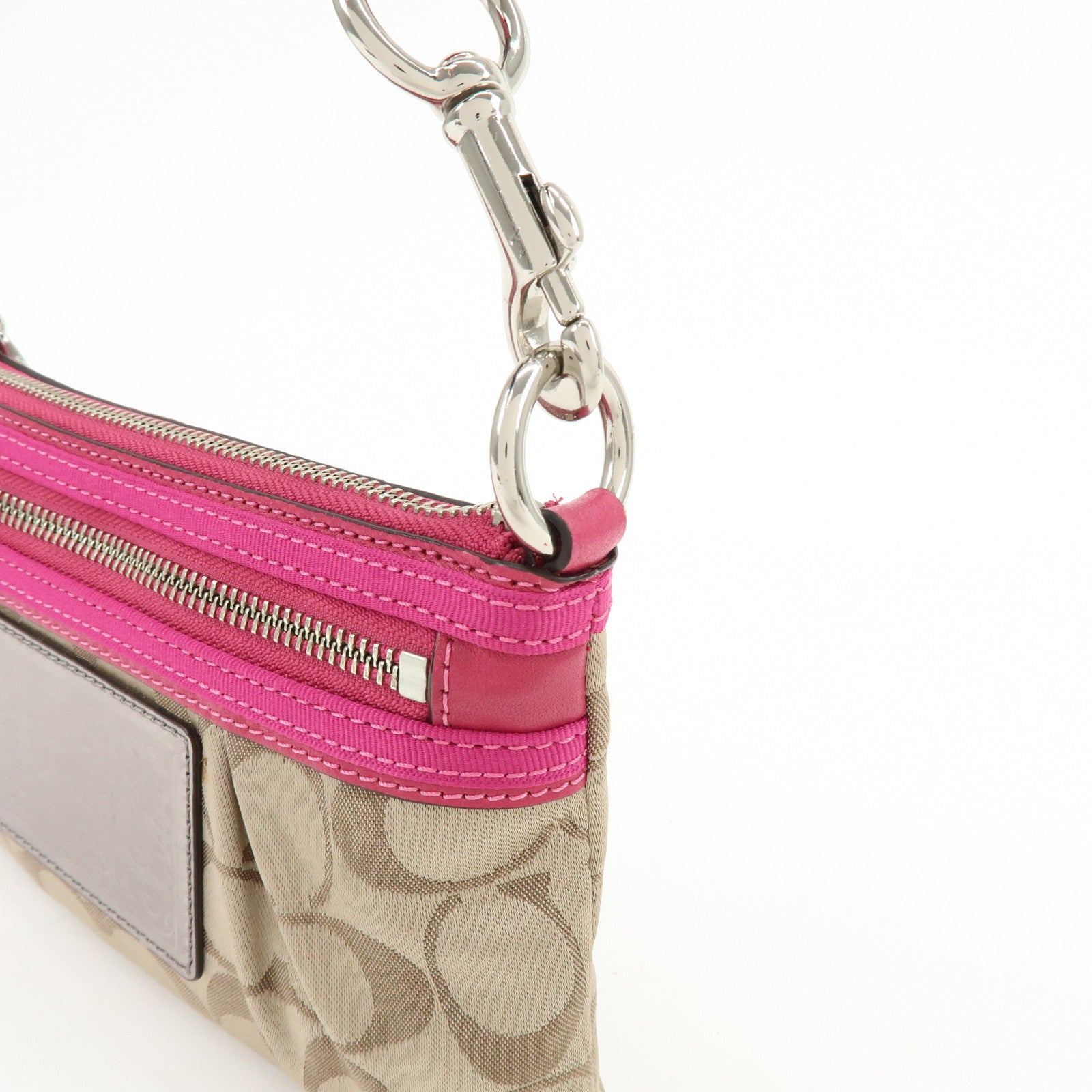 COACH Poppy Signature Nylon Leather Hand Bag Beige Pink
