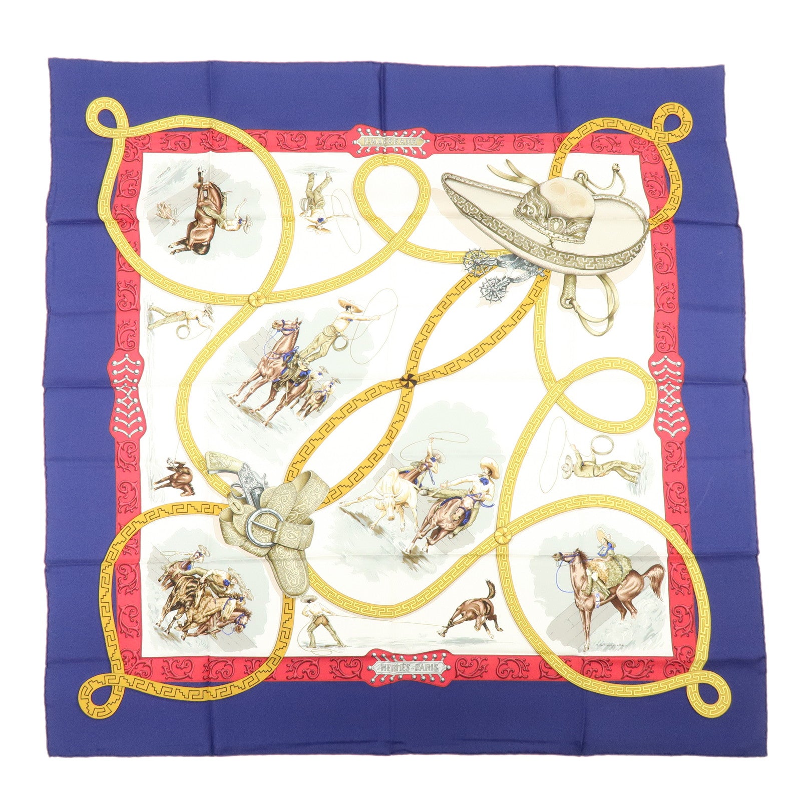 HERMES Carre 90 Silk 100% Scarf CHARREADA Navy White