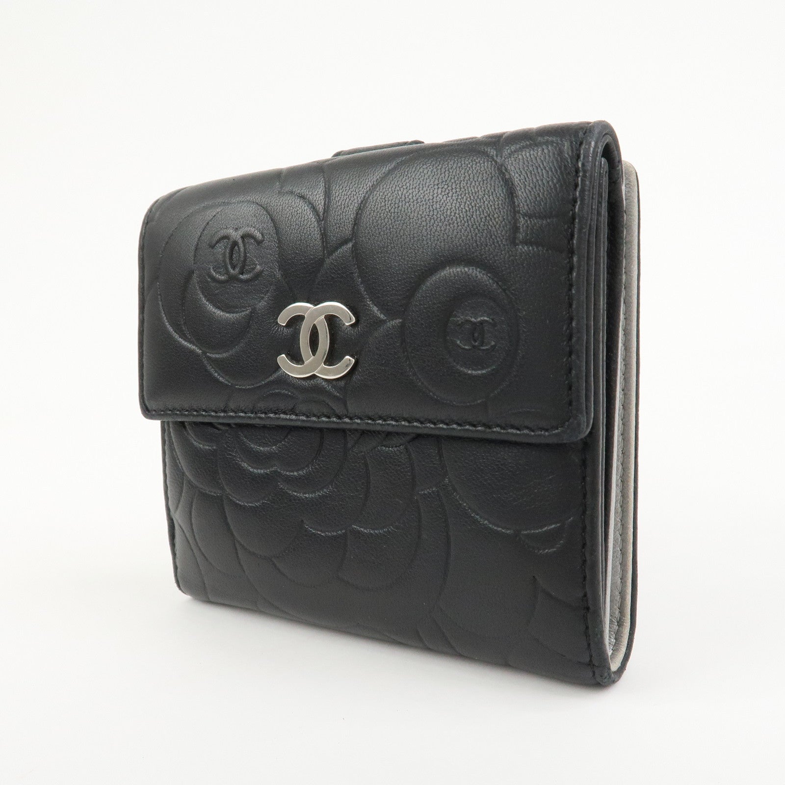 CHANEL Camellia COCO Mark Lamb Skin Compact Wallet Black