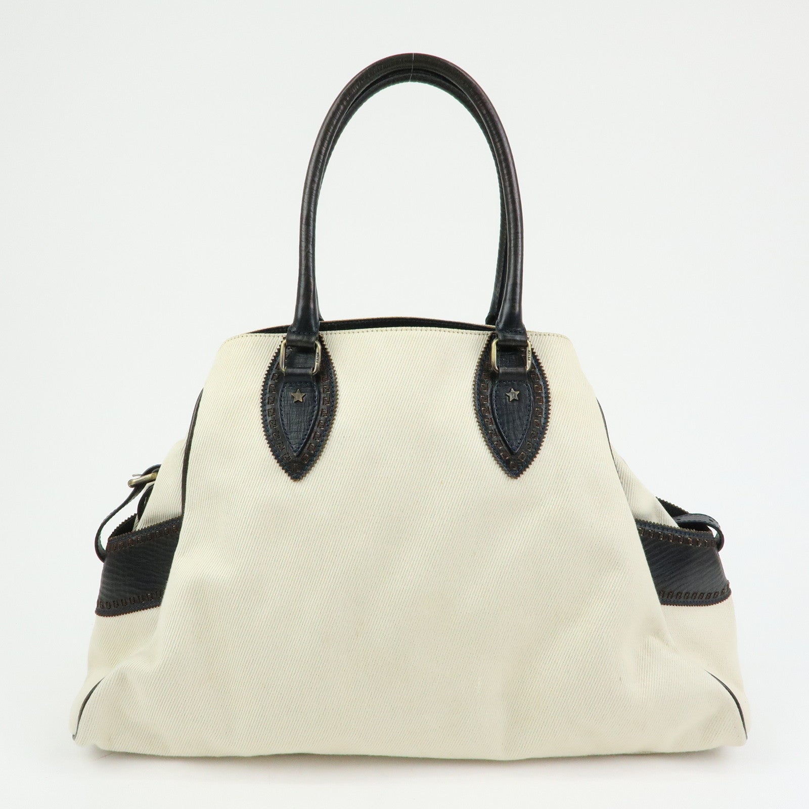 FENDI Etnico Denim Leather Tote Bag Ivory Dark Brown 8BN158