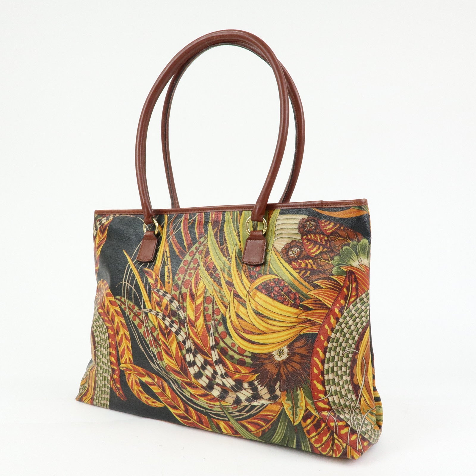 Ferragamo PVC Leather Tote Bag Shoulder Bag Black Brown Yellow