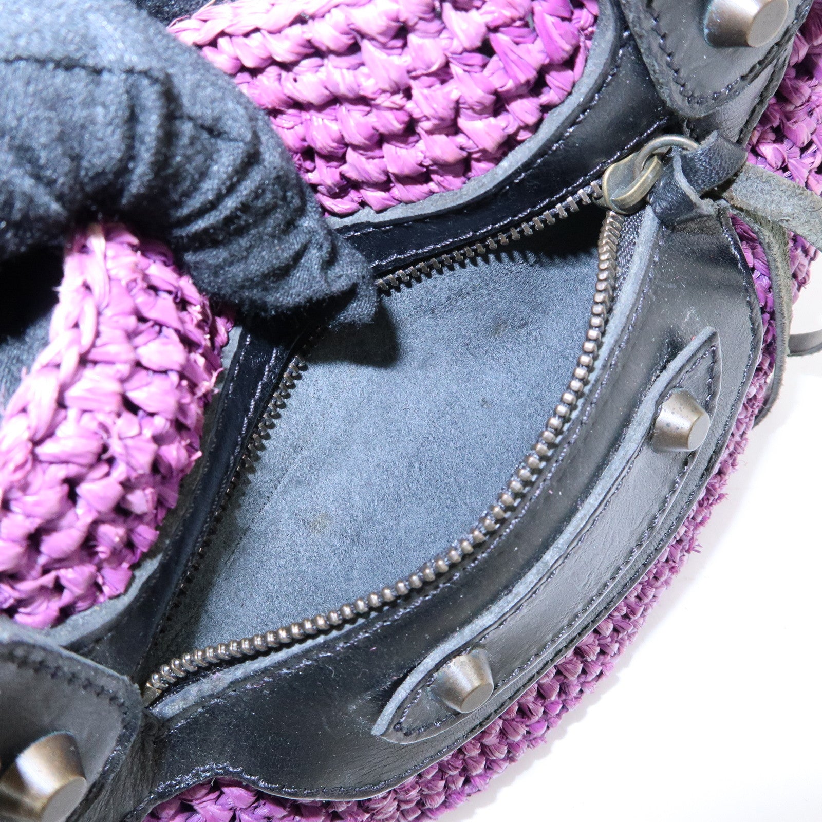 BALENCIAGA Leather Raffia Small Hand Bag Purple Black 236741