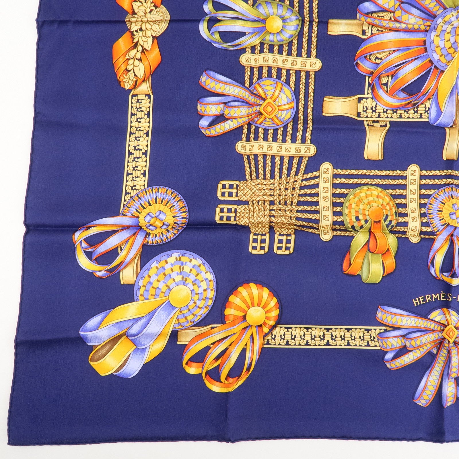 HERMES Carre 90 Silk 100% LES RUBANS DU CHEVAL Navy Used