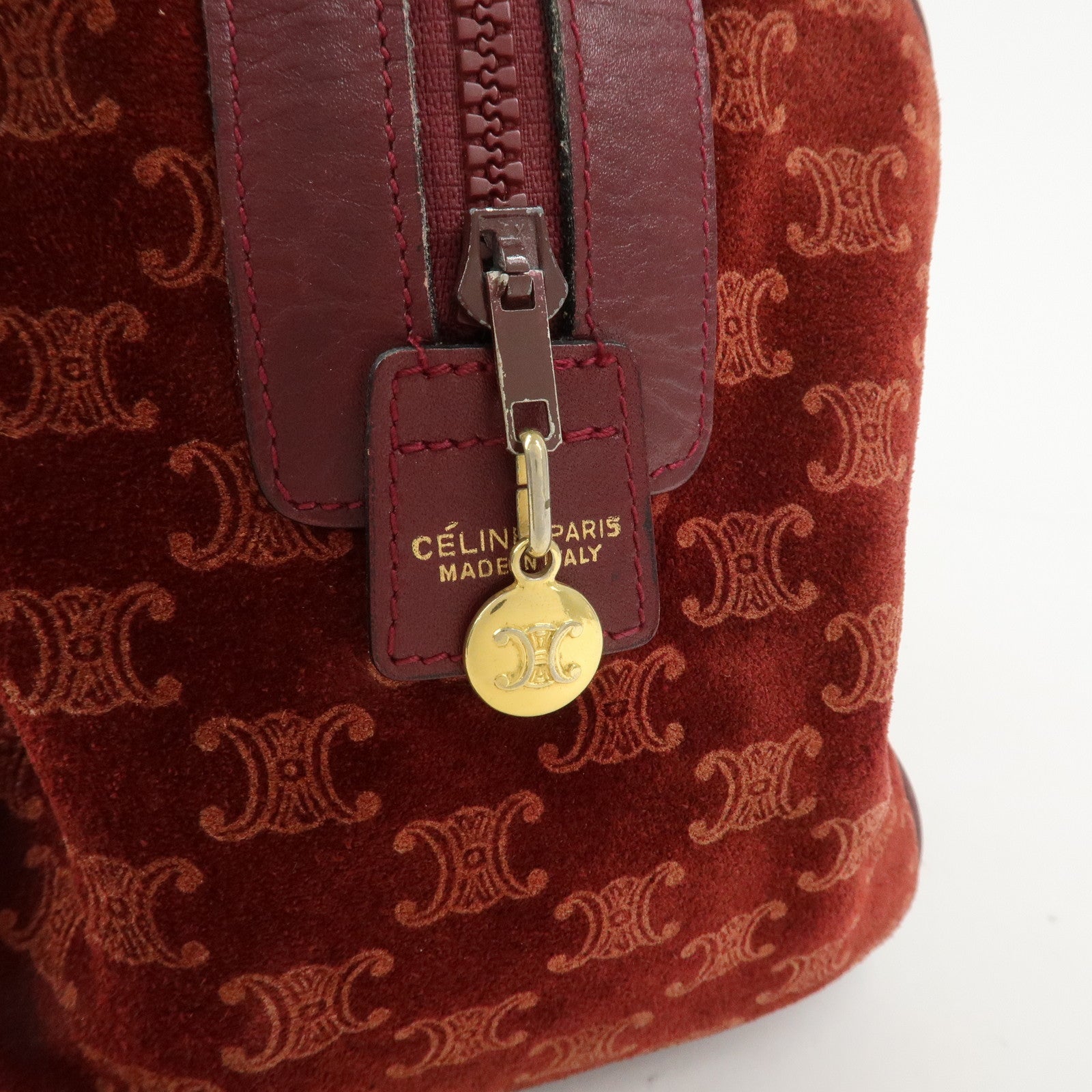CELINE Macadam Logo Suede Leather Boston Bag Hand Bag Red Brown