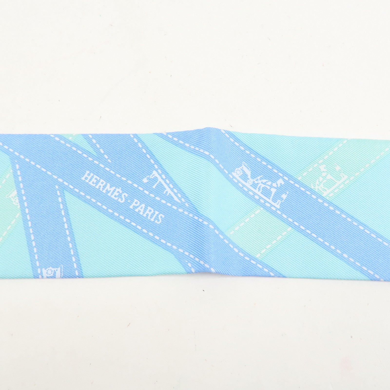 HERMES Twilly Silk 100% Scarf Bolduc Pattern Light Blue