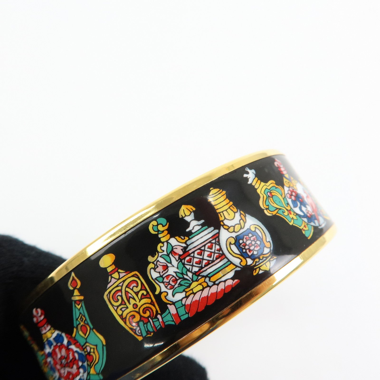 HERMES Email GM Gold Plated Bangle Bracelet Black Gold