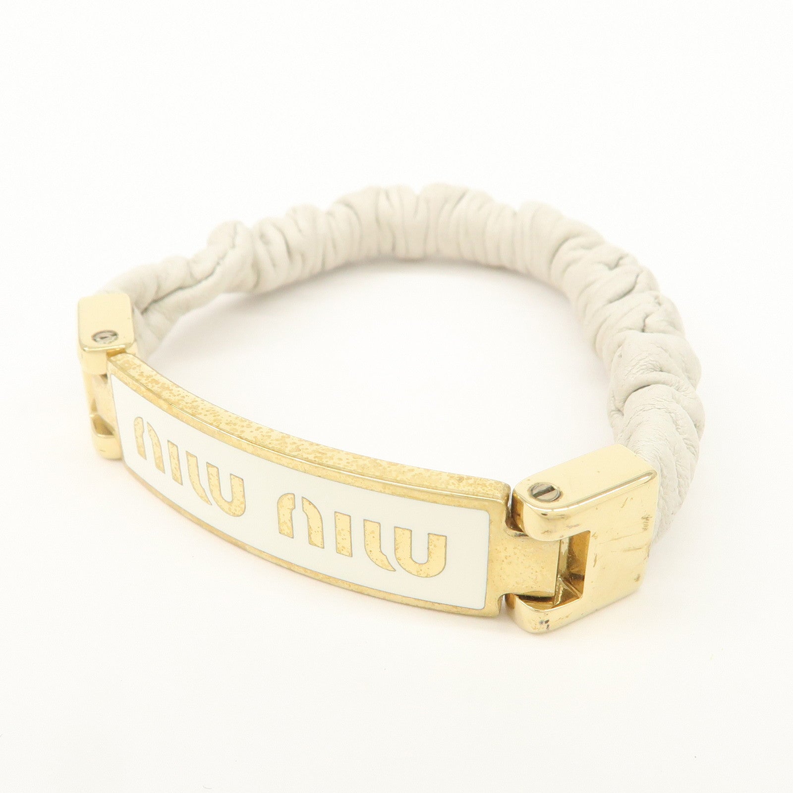 MIU MIU Leather Logo Plate Gathered Bracelet Ivory Gold 5IB425
