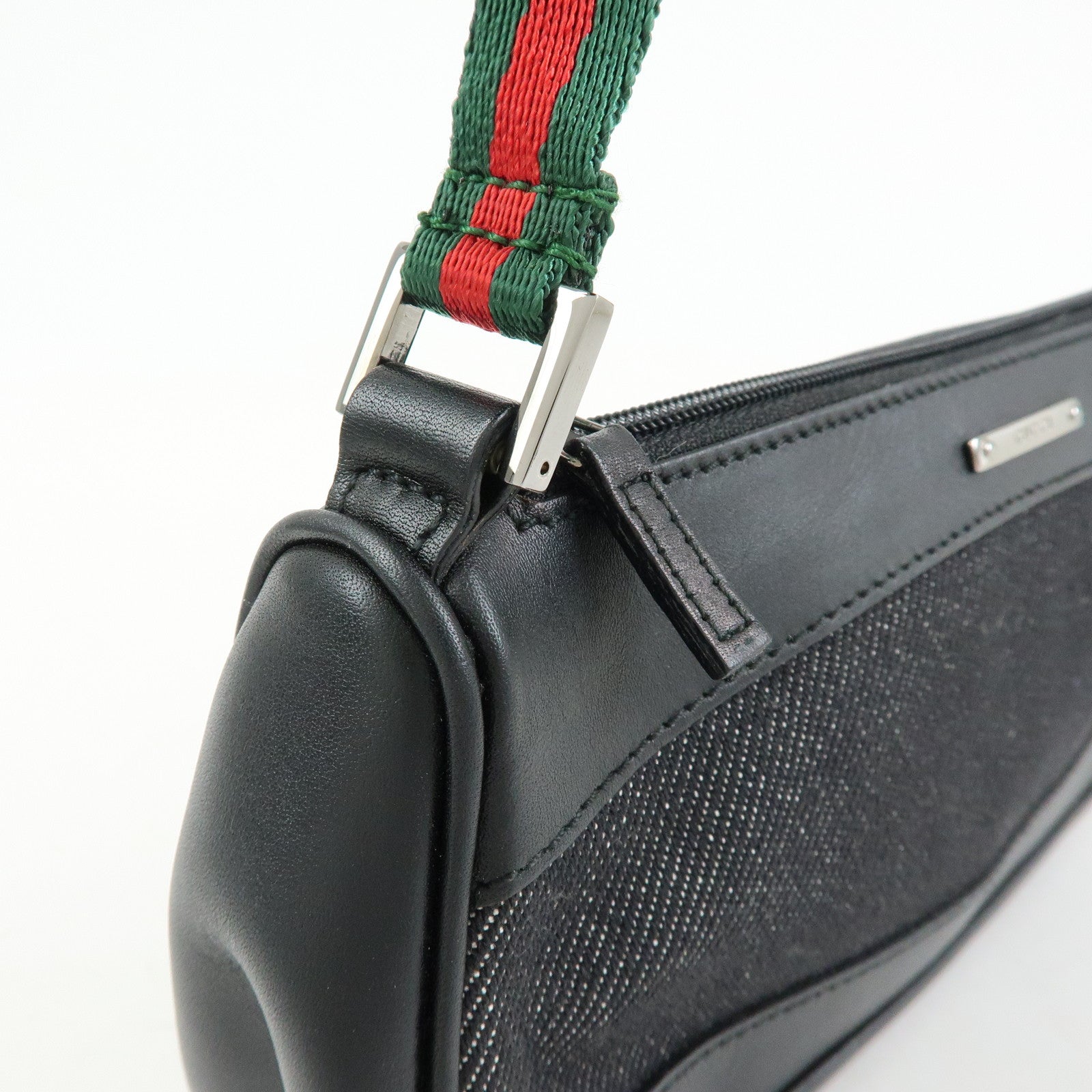 GUCCI Sherry Denim Leather Accessory Pouch Hand Bag Black 92820
