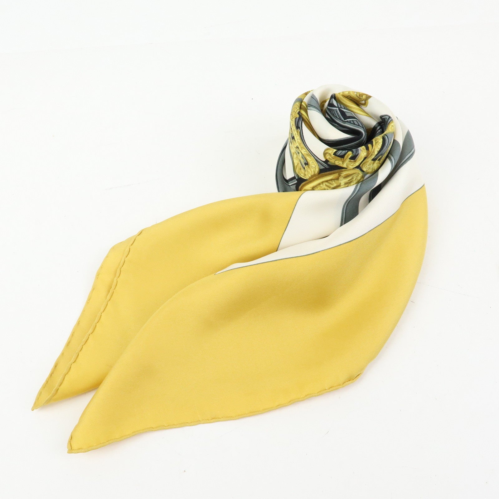 HERMES Carre 90 Silk 100% Scarf BRIDES DE GALA Gold Gray