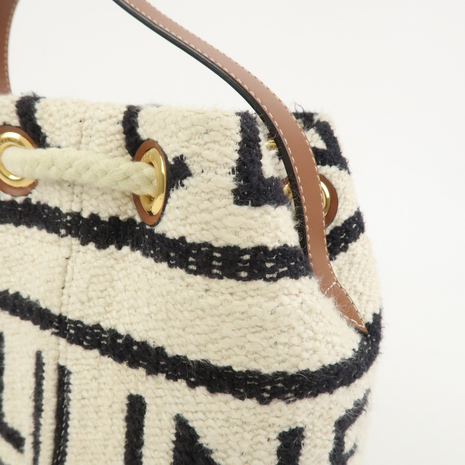 CELINE Teen Drawstring Canvas Leather Hand Bag Natural Brown