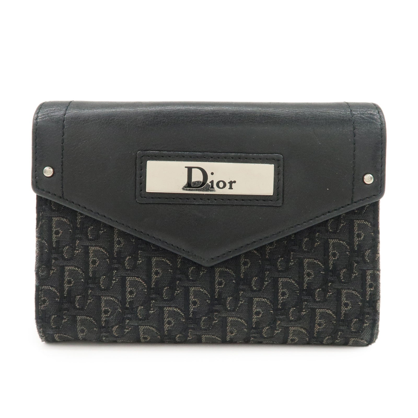Christian Dior Trotter Leather Canvas Tri-Hold Wallet Black Silver