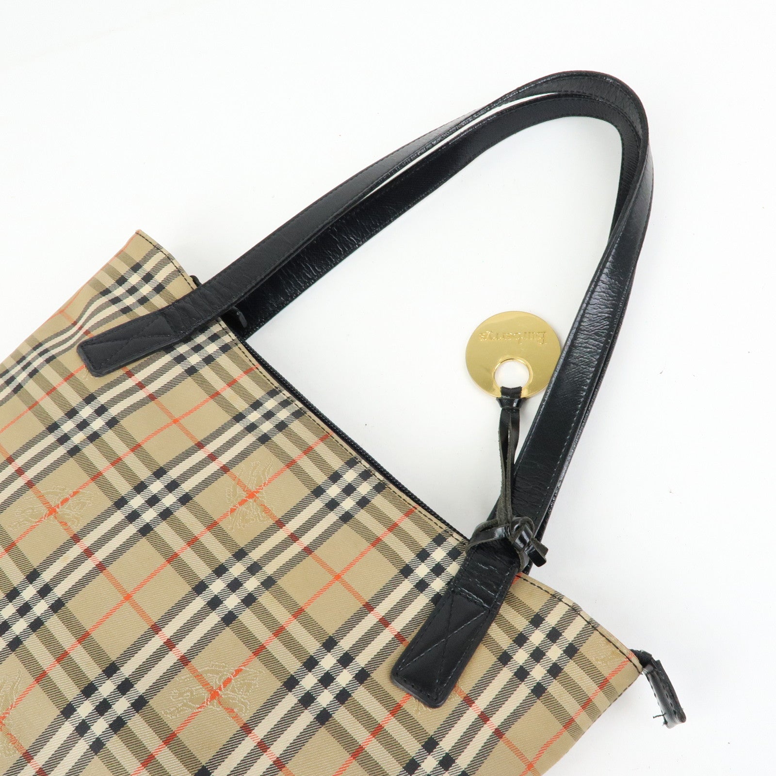 BURBERRY Canvas Leather Nova Plaid Tote Shoulder Bag Beige Black