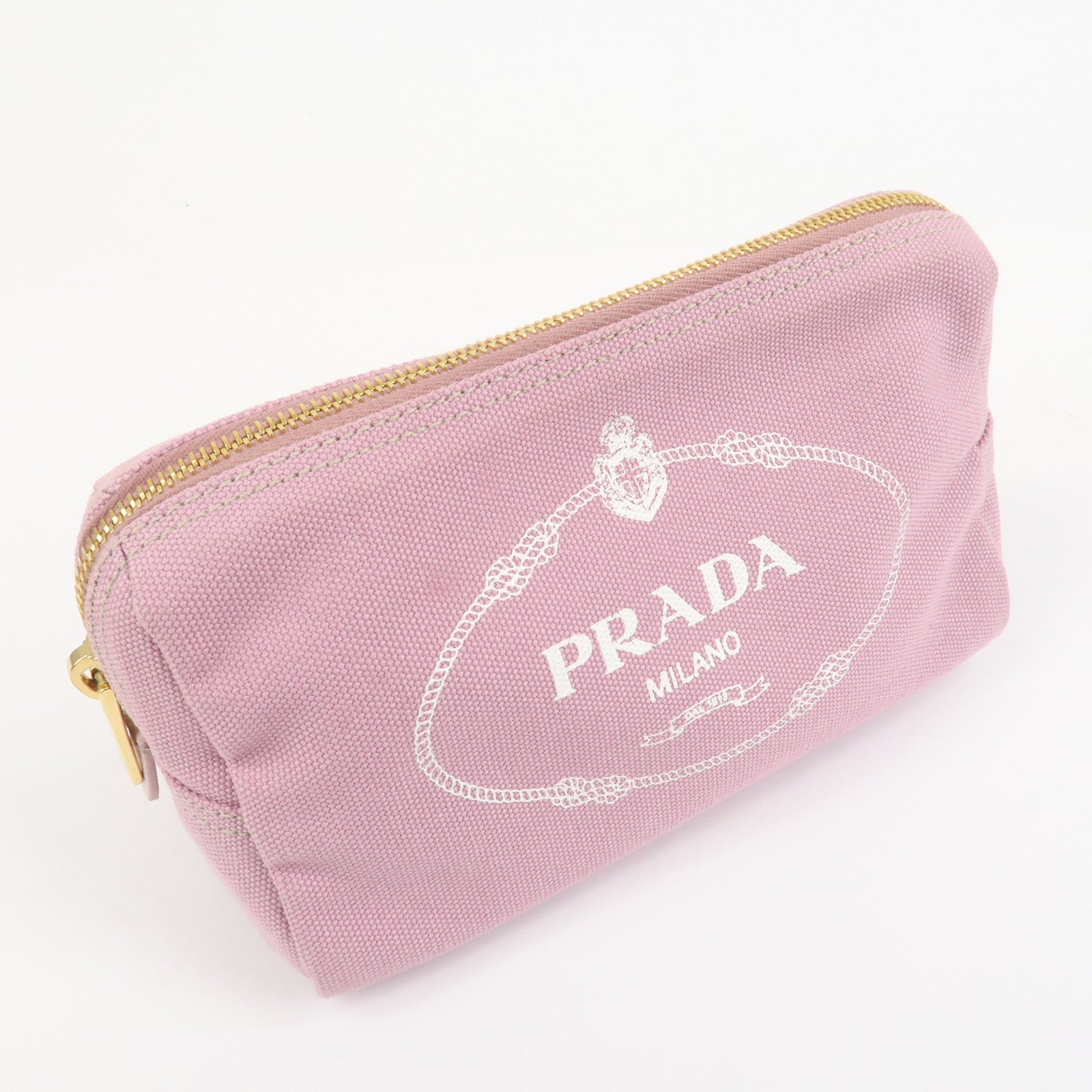 PRADA Logo Canapa Canvas Cosmetic Pouch Makeup Bag Pink 1NA693