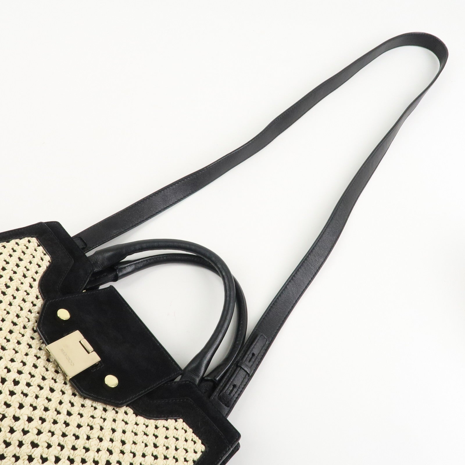 JIMMY CHOO Leather Suede Straw 2WAY Hand Bag Shoulder Bag Black Used