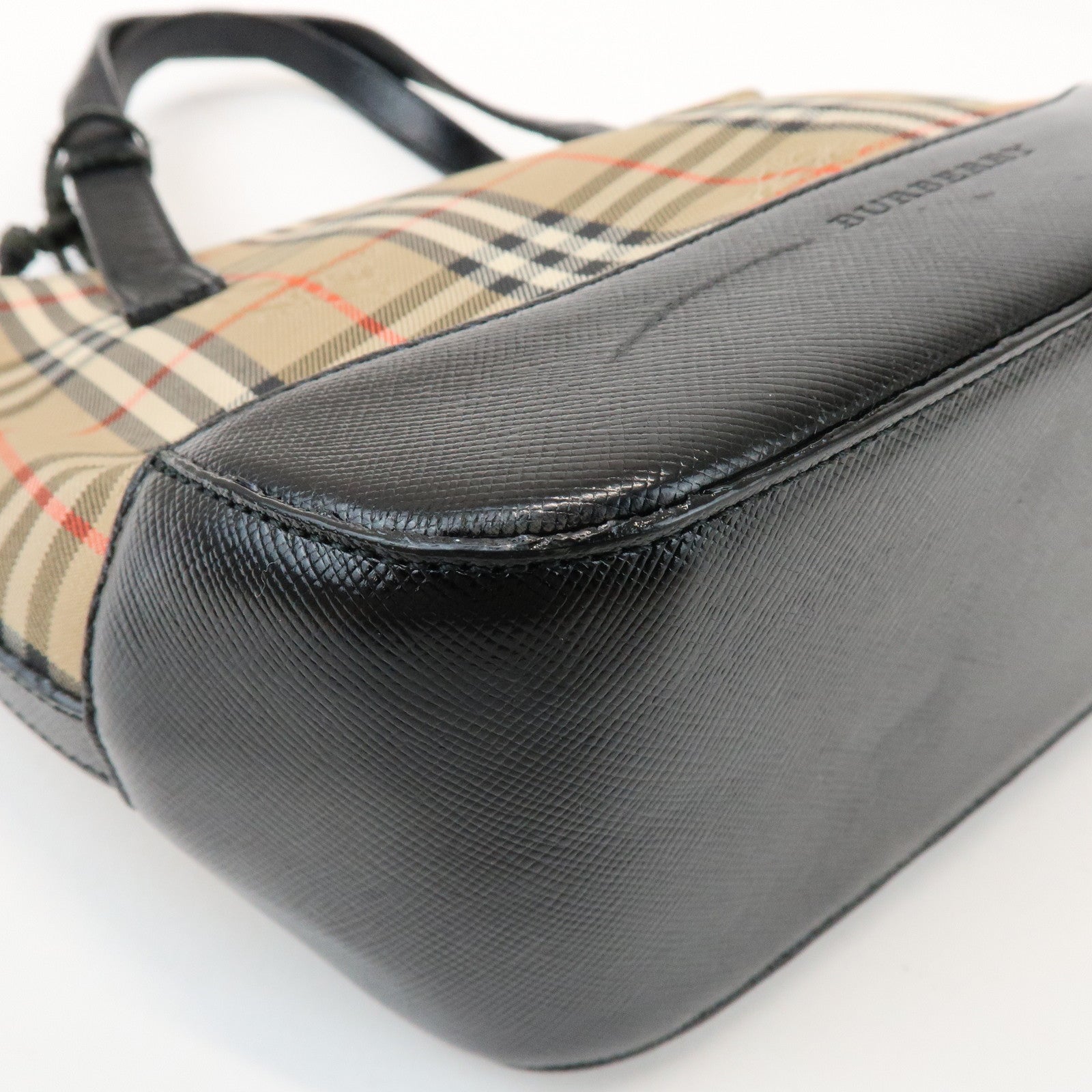 BURBERRY Nova Plaid Canvas Leather Small Hand Bag Black Beige
