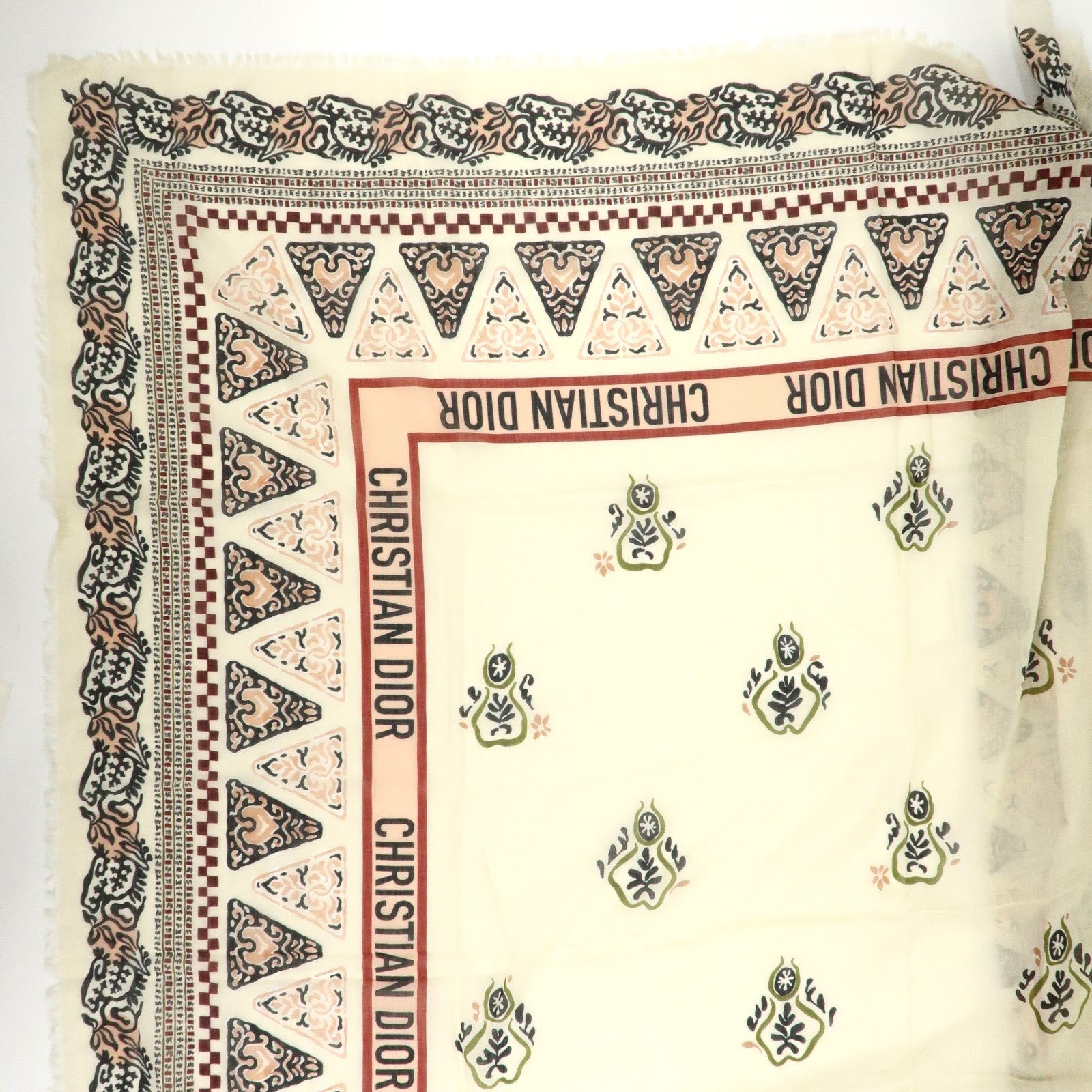 Christian Dior Logo Cotton 100％ Scarf Geometric Motif Ivory Red