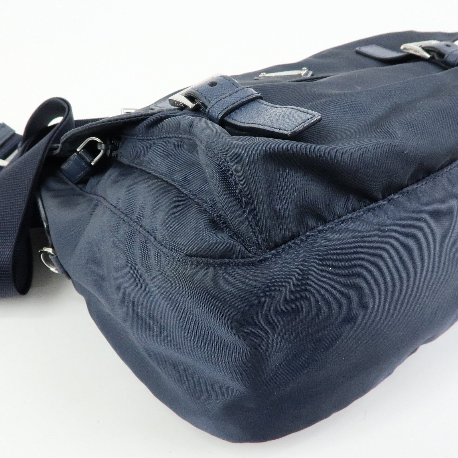PRADA Triangle Logo Nylon Saffiano Leather Shoulder Bag Navy