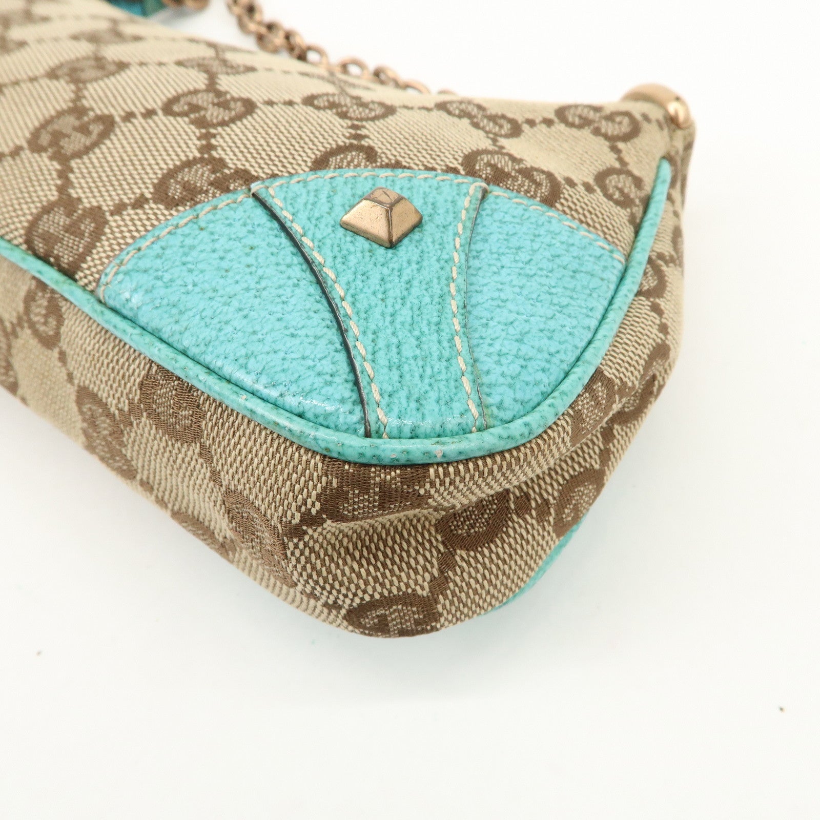 GUCCI GG Canvas Leather Chain Shoulder Bag Beige Turquoise Blue 120940 Used