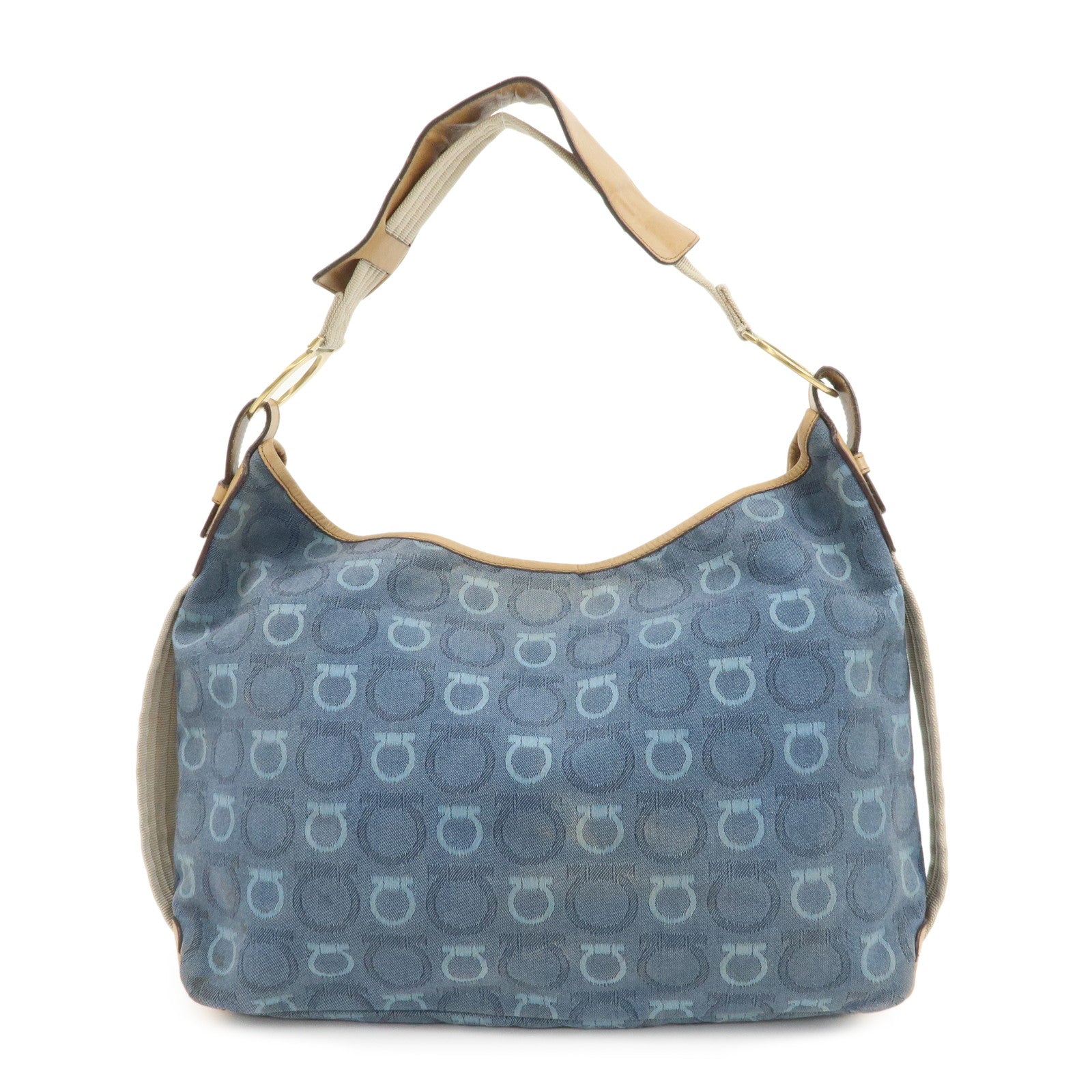 Ferragamo Gancini Canvas Leather Shoulder Bag Hand Bag Blue Beige