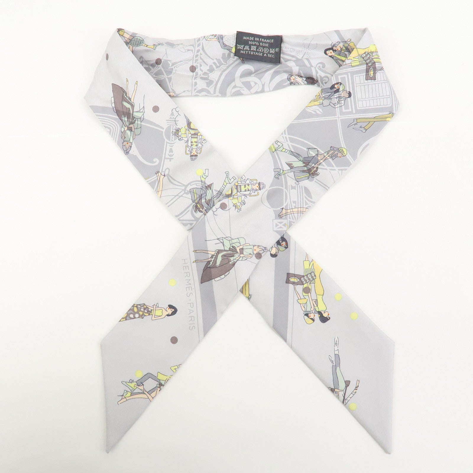 HERMES Twilly Silk 100% Ex-Libris Les Parisiennes Scarf Gray