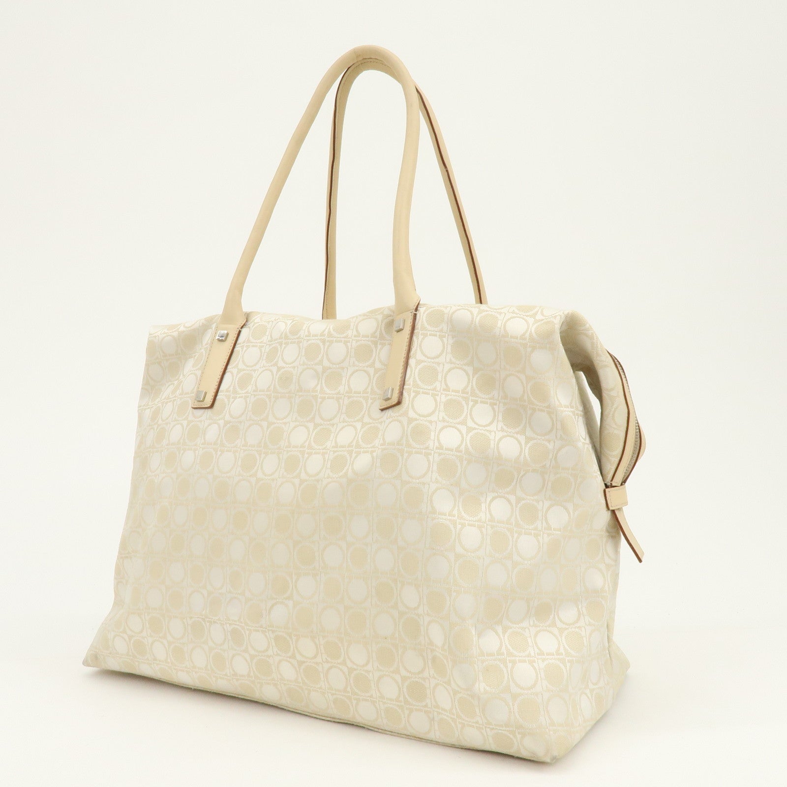 Ferragamo Gancini Canvas Leather Tote Bag Shoulder Bag Light Beige