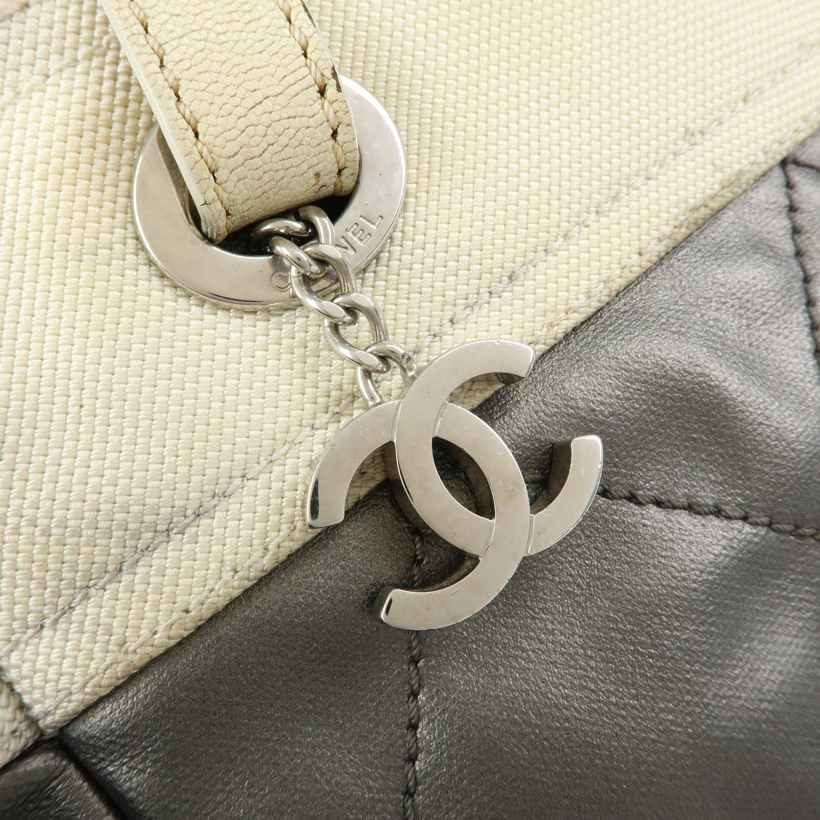 CHANEL Paris Biarritz PM Coated Canvas Leather Tote Bag Gray A34208