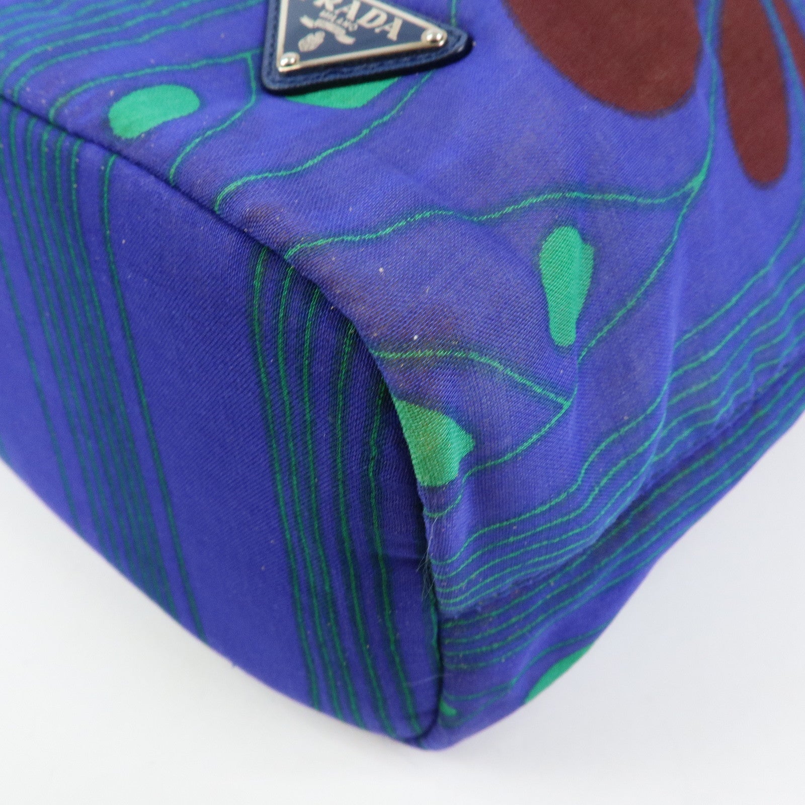 PRADA Triangle Logo Linen Leather 2Way Bag Flower Motif Blue BR4696