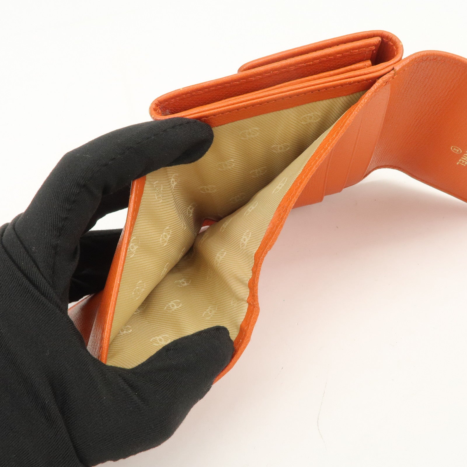 CHANEL COCO Button Leather W Hook Compact Wallet Orange A20902