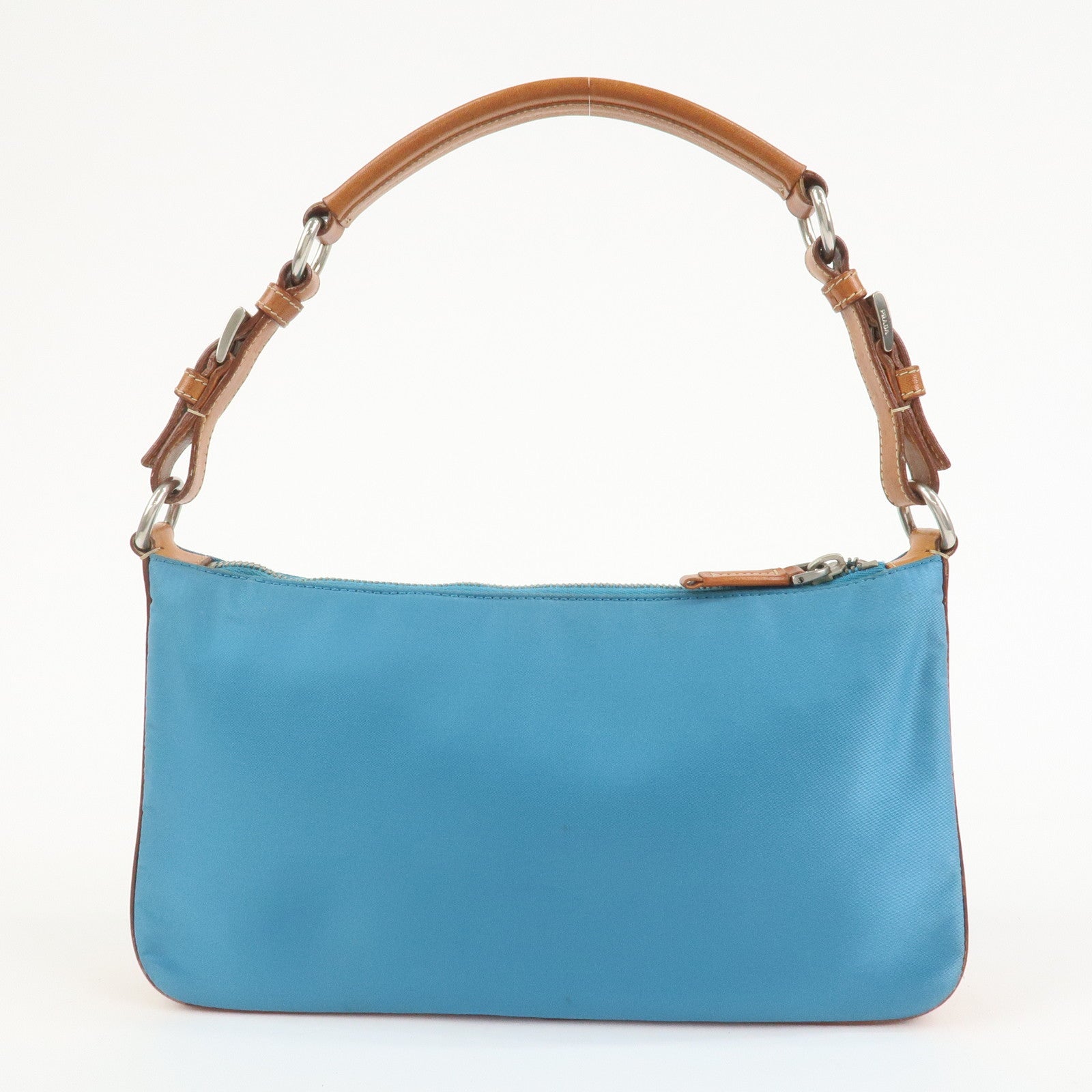 PRADA Triangle Logo Nylon Leather Shoulder Bag Blue Brown BR2205