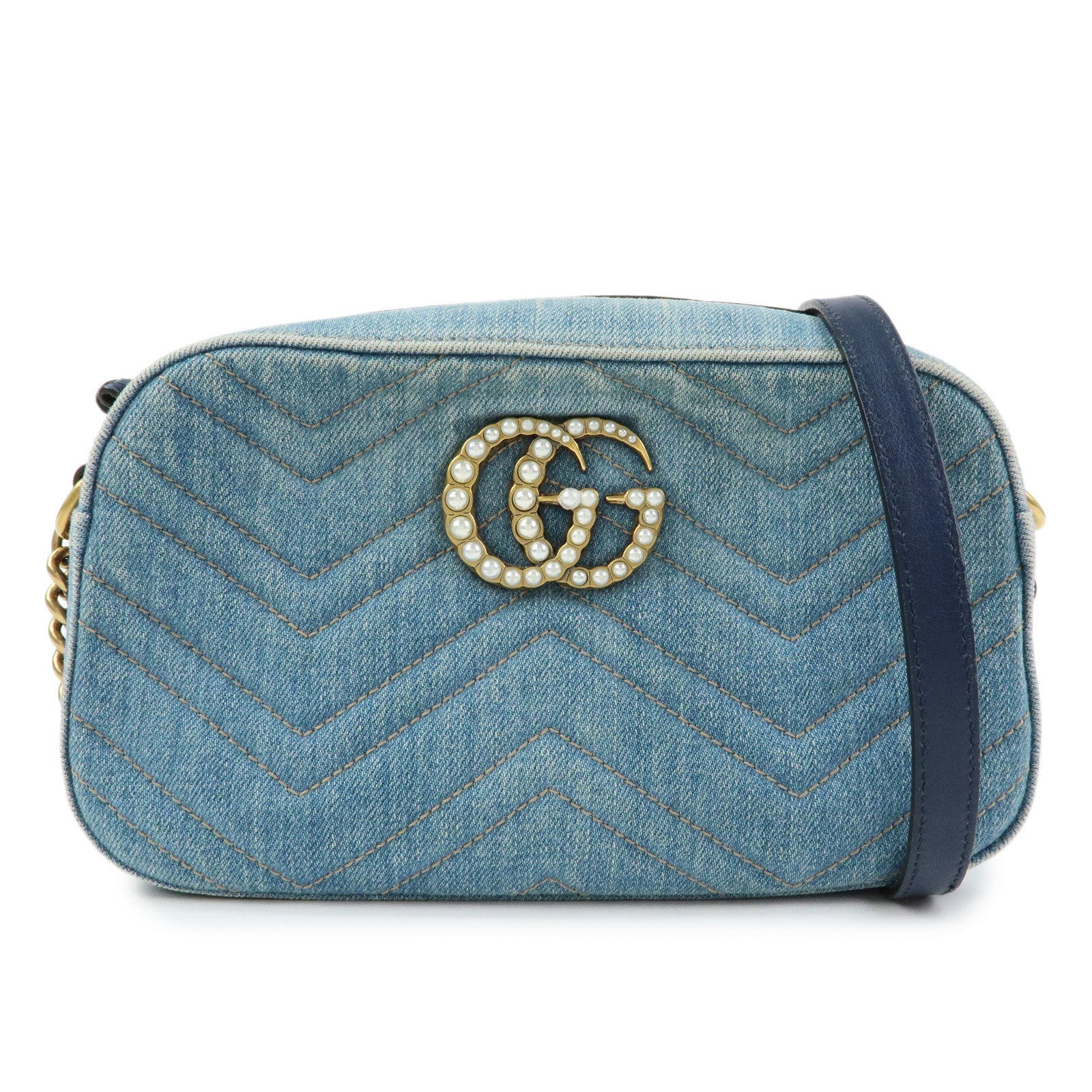 GUCCI GG Marmont Denim Leather Shoulder Bag Indigo Blue 447632