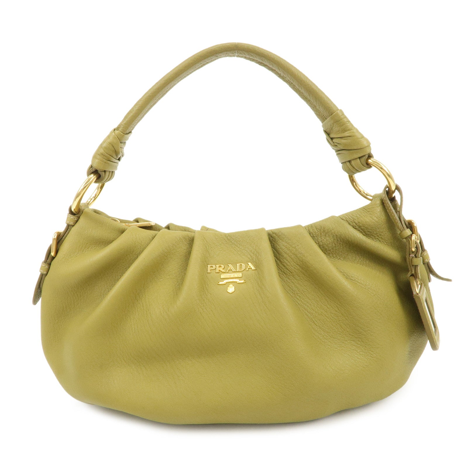 PRADA Logo Leather Shoulder Bag Hand Bag Khaki Gold HDW BR4070