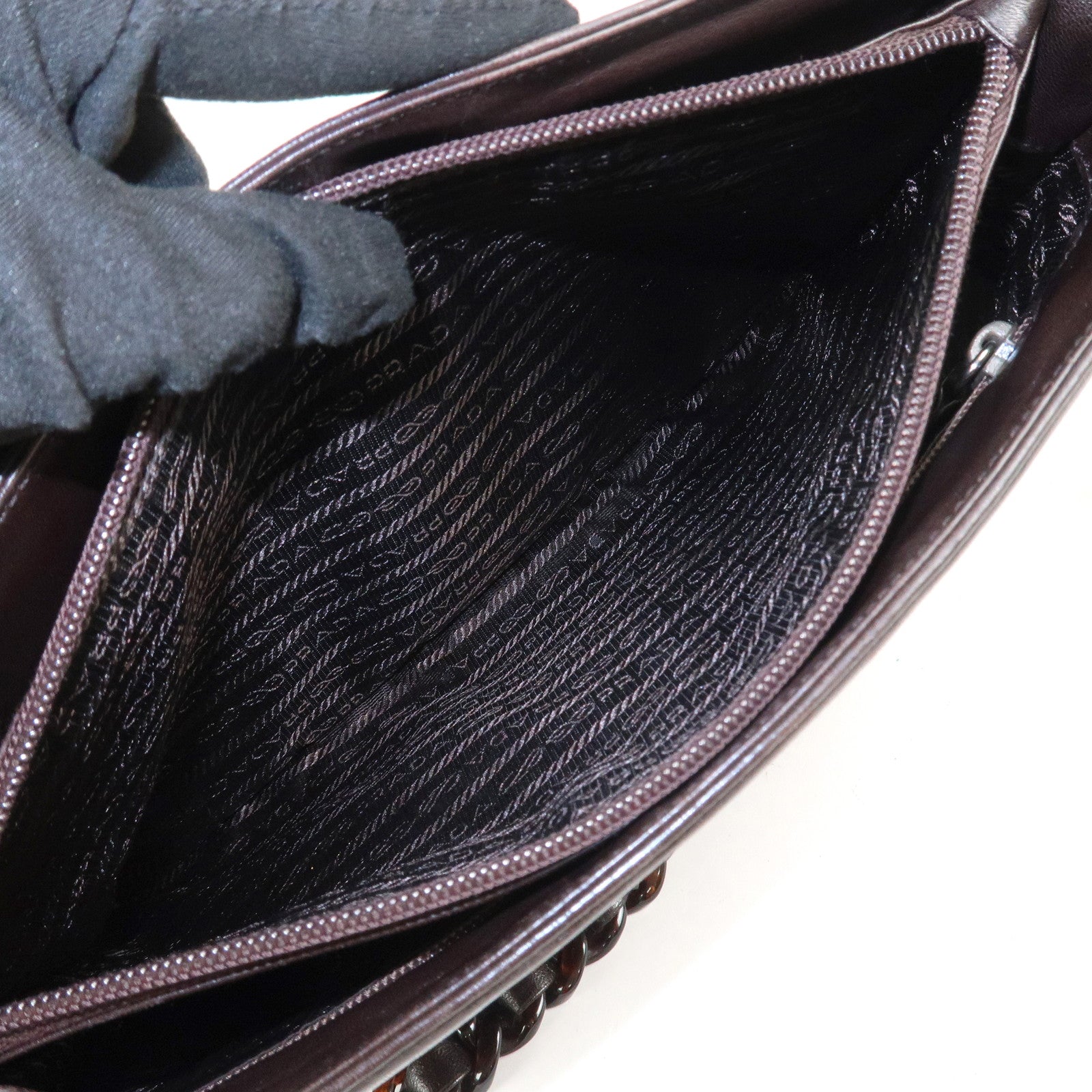 PRADA Logo Suede Leather Plastic Chain Shoulder Bag Brown