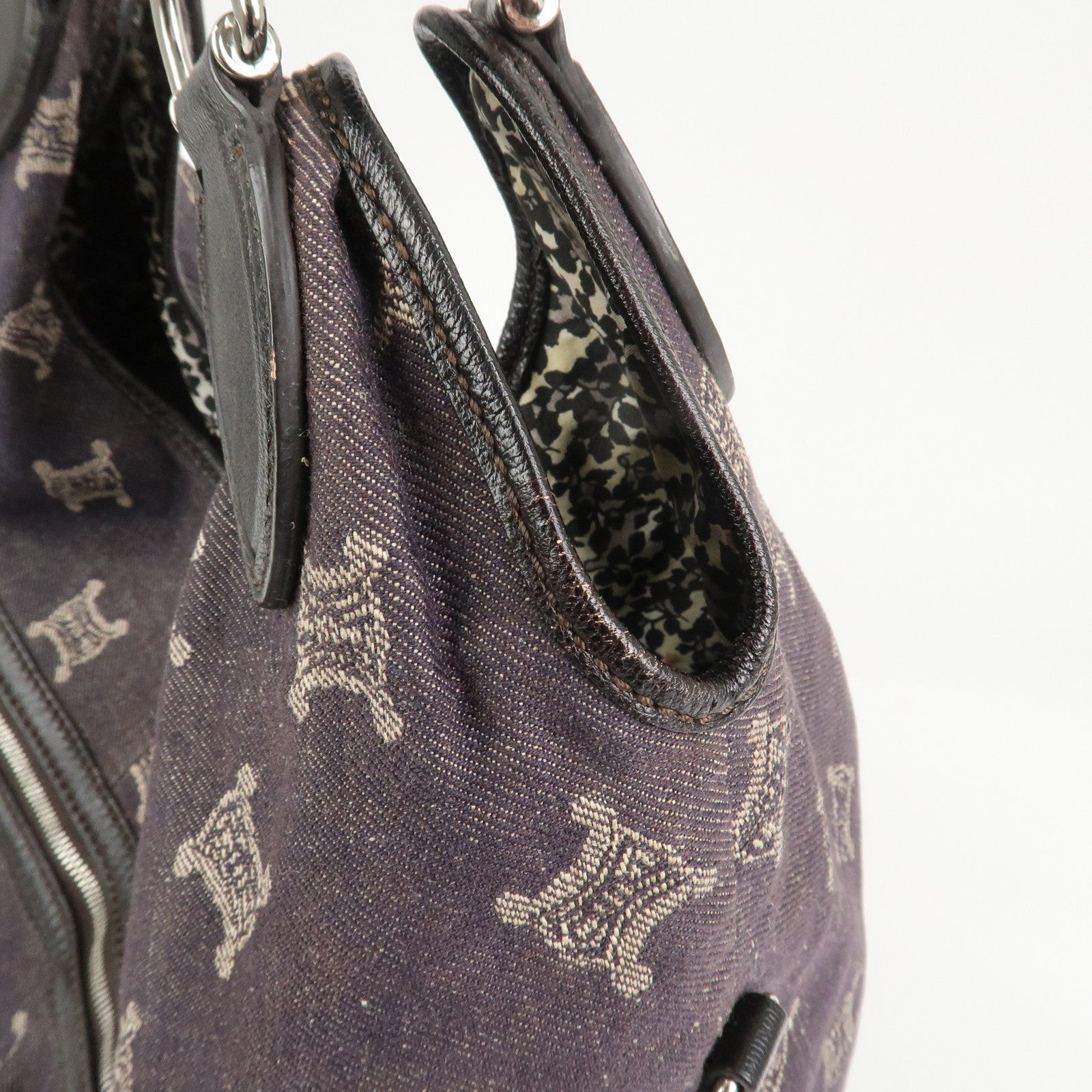 CELINE Macadam Denim Leather 2Way Shoulder Bag Indigo Blue Brown