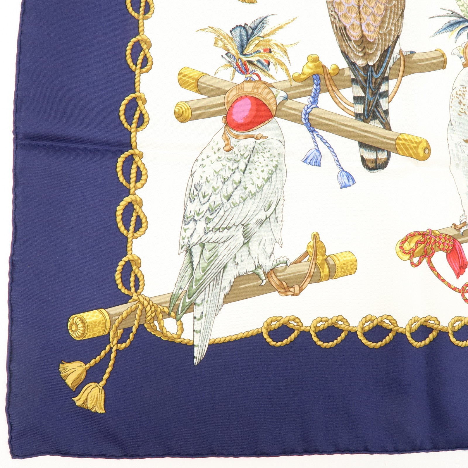 HERMES Carre 90 Silk 100% Scarf LES OISEAUX DU ROY Bird Print Navy