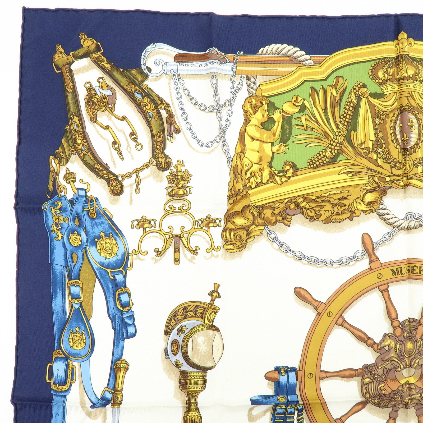 HERMES Carre 90 Silk 100% Scarf MUSEE Navy Ivory