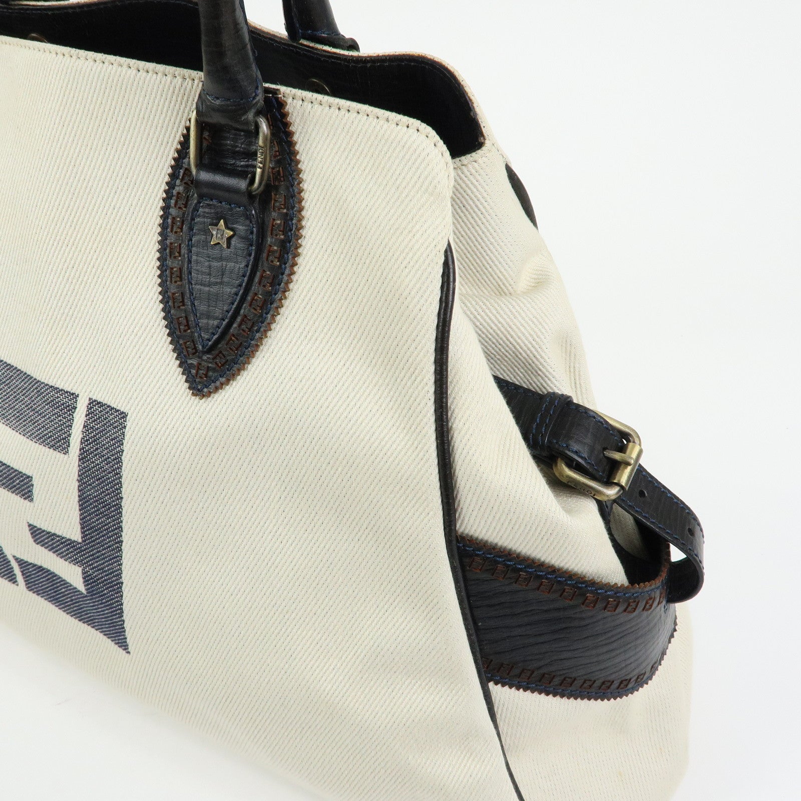 FENDI Etnico Denim Leather Tote Bag Ivory Dark Brown 8BN158