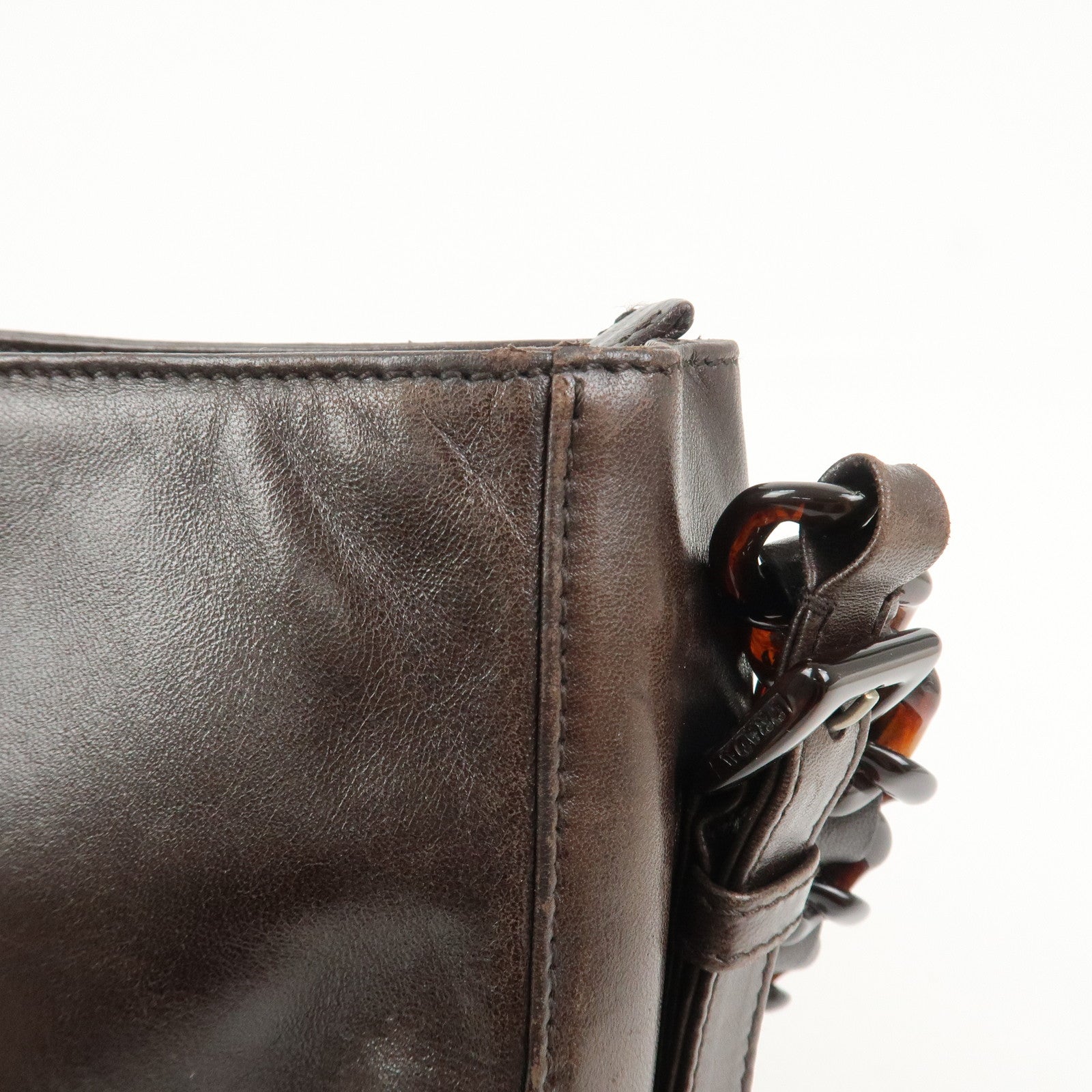 PRADA Logo Suede Leather Plastic Chain Shoulder Bag Brown