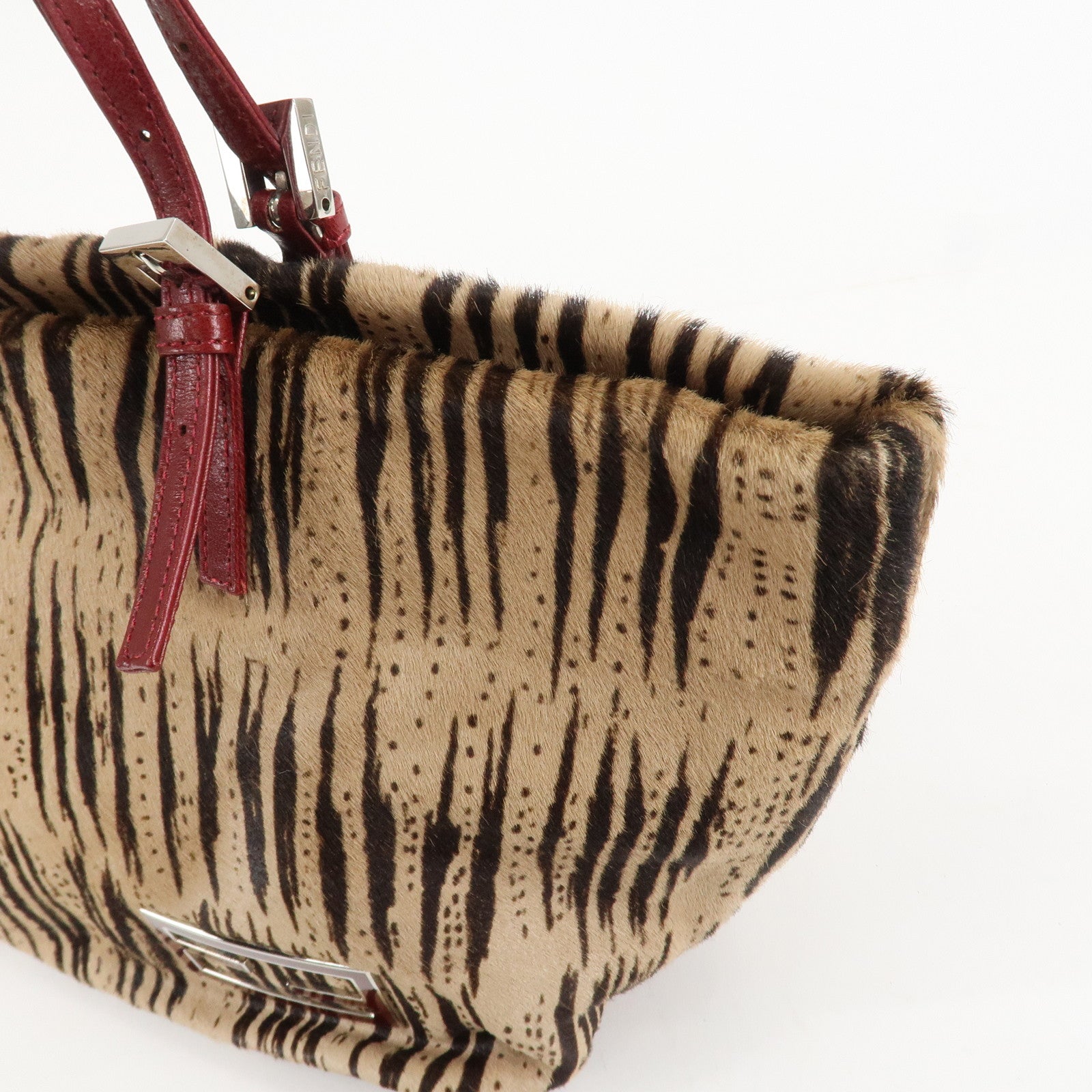 FENDI Leather Unborn Calf Tote Bag Hand Bag Zebra Brown Red Used