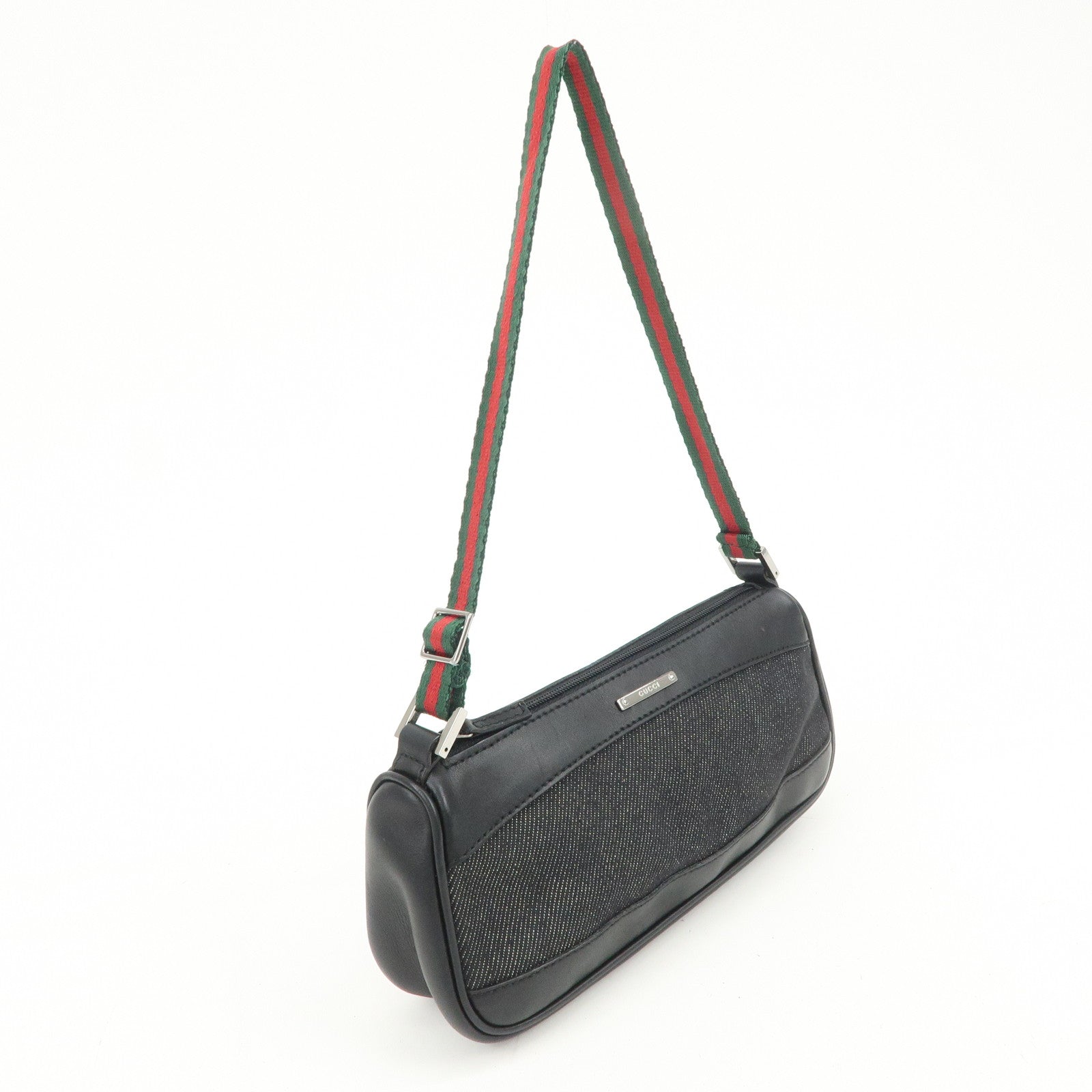 GUCCI Sherry Leather Denim Accessory Pouch Hand Bag Black 92820