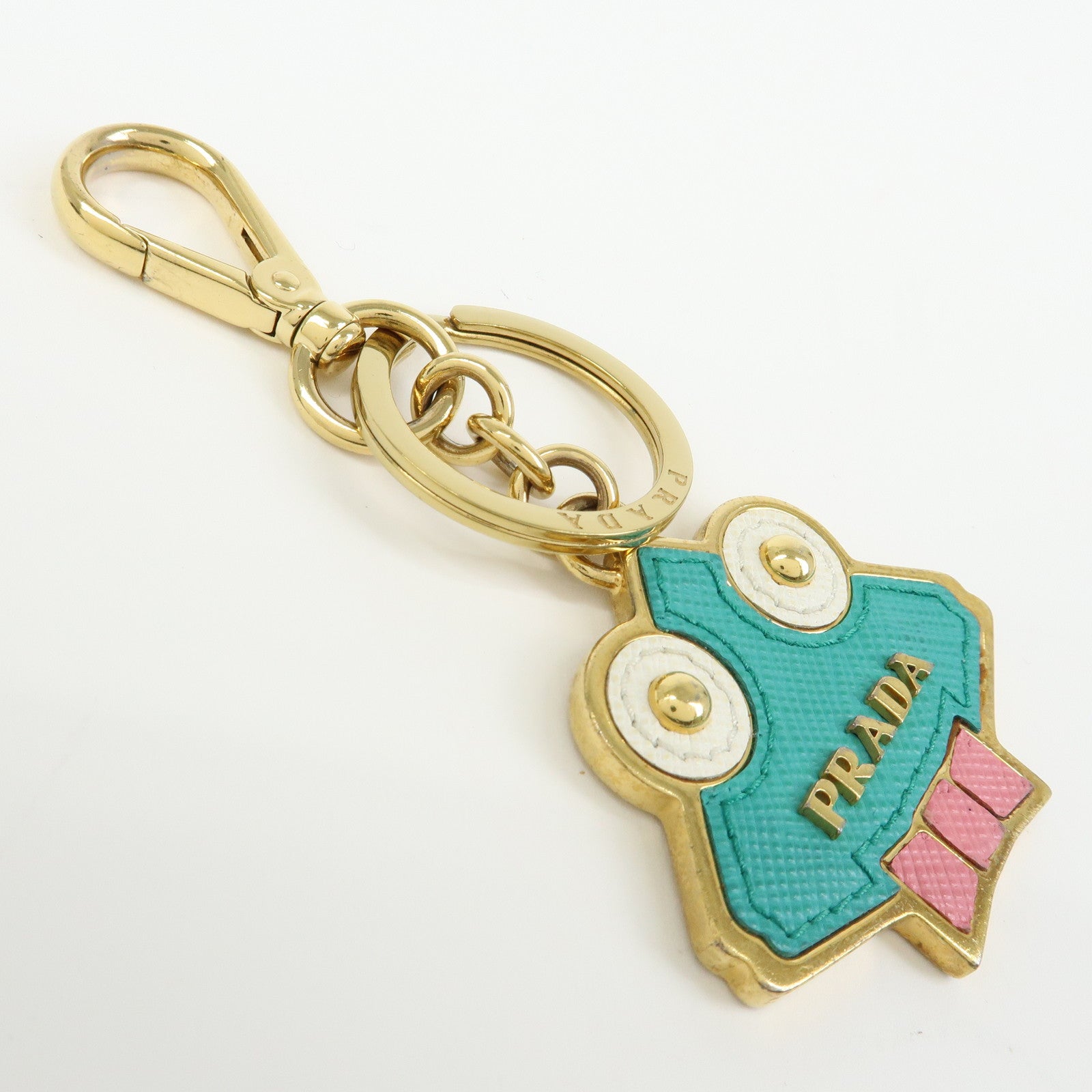 PRADA Saffiano Leather Metal Bag Charm Key Chain Green Pink Gold