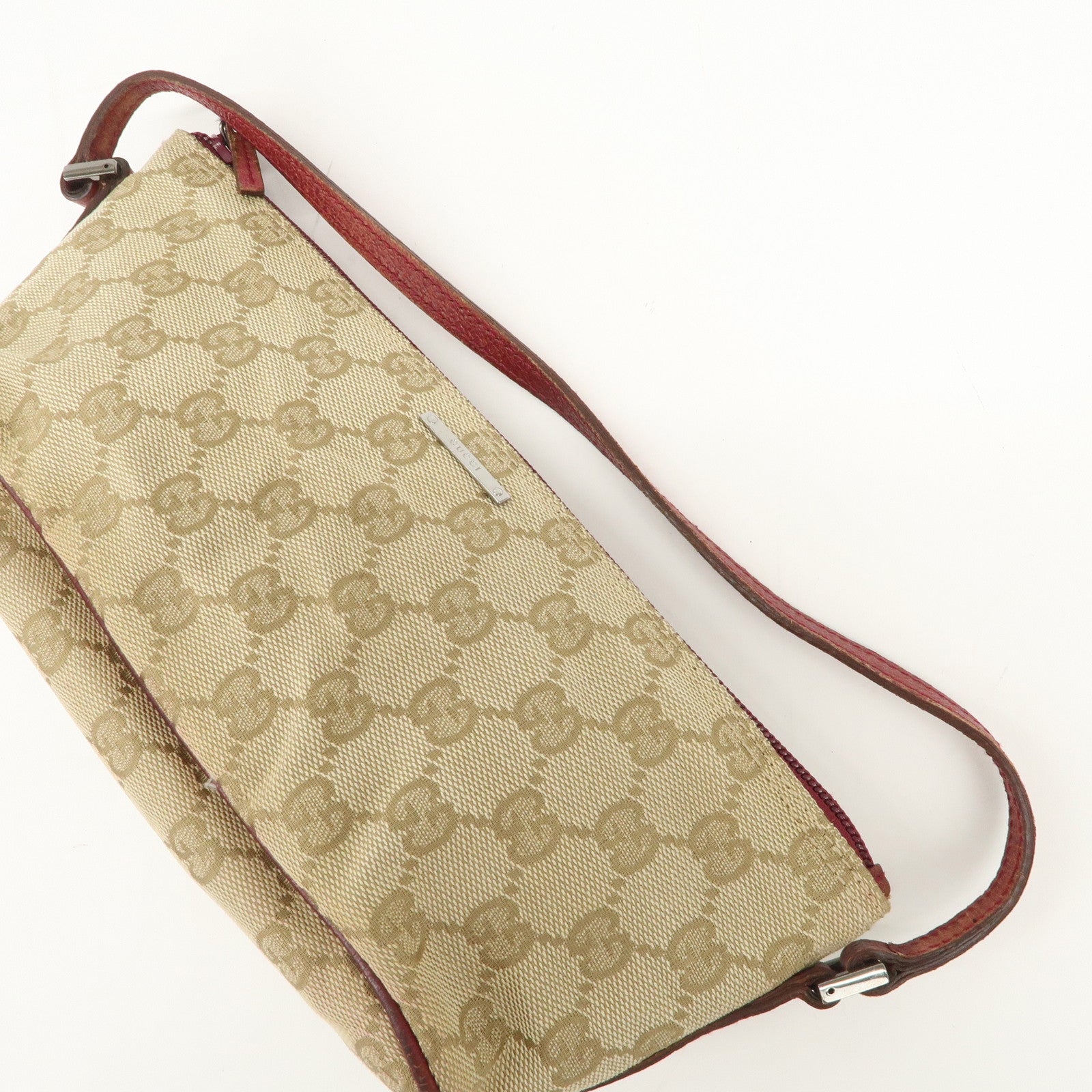 GUCCI Boat Bag GG Canvas Leather Hand Bag Pouch Beige Red 07198