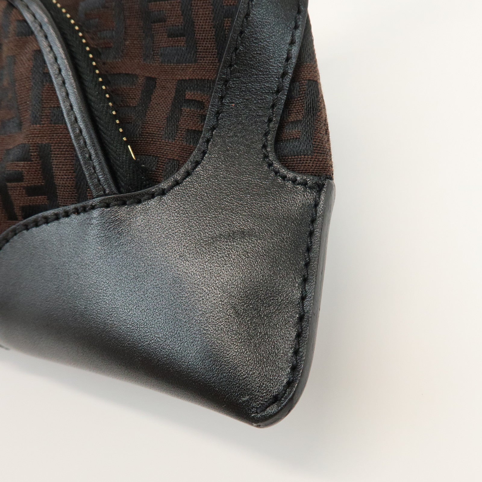 FENDI Zucchino Logo Canvas Leather Black Shoulder Bag Brown 8BR464